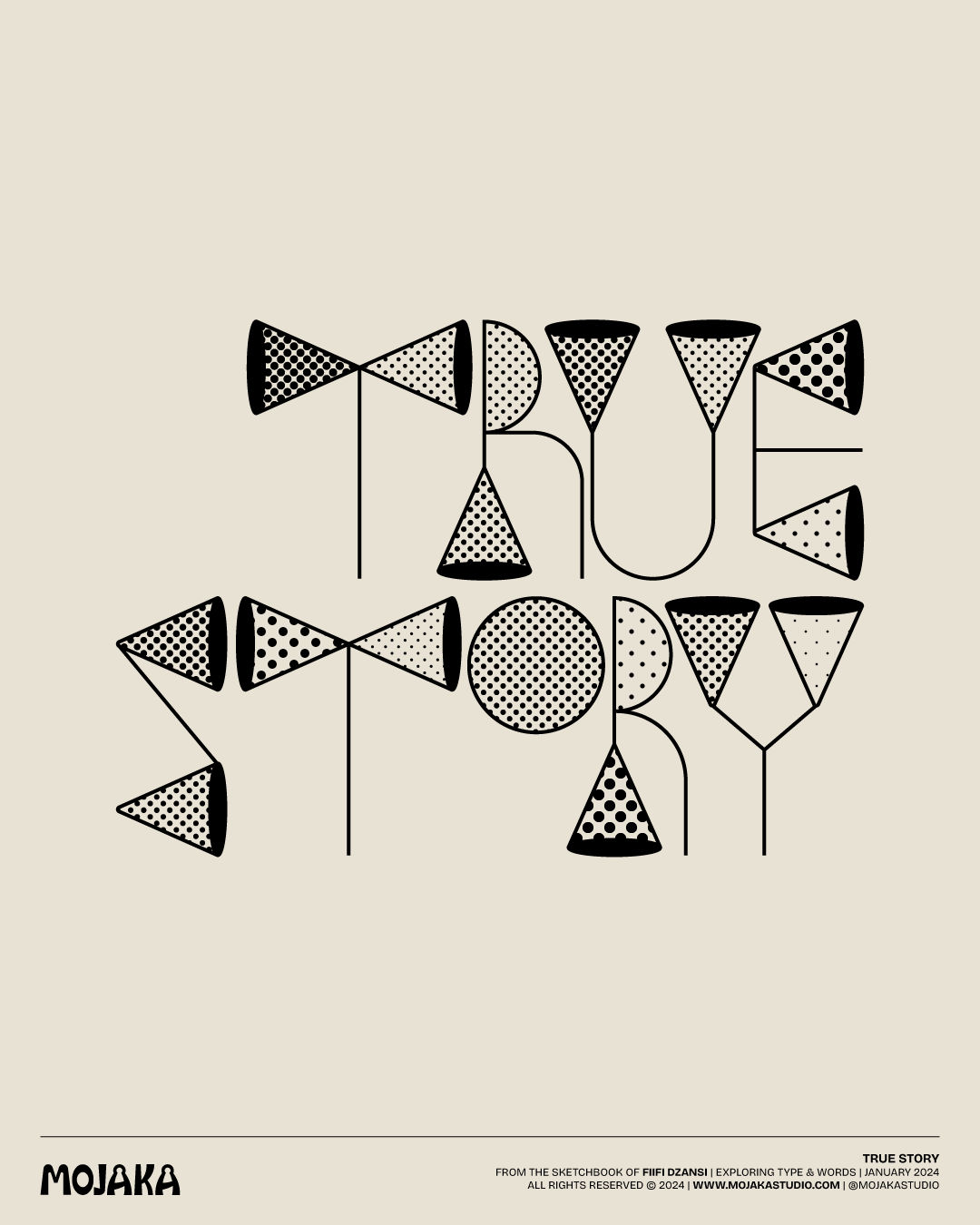 True story typography in black and white using shapes