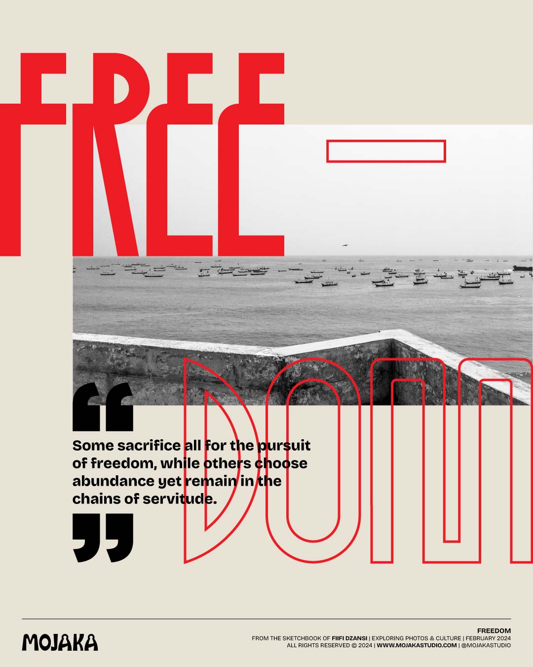 Freedom type design on a photo of the sea with canoes at Jamestown in Accra